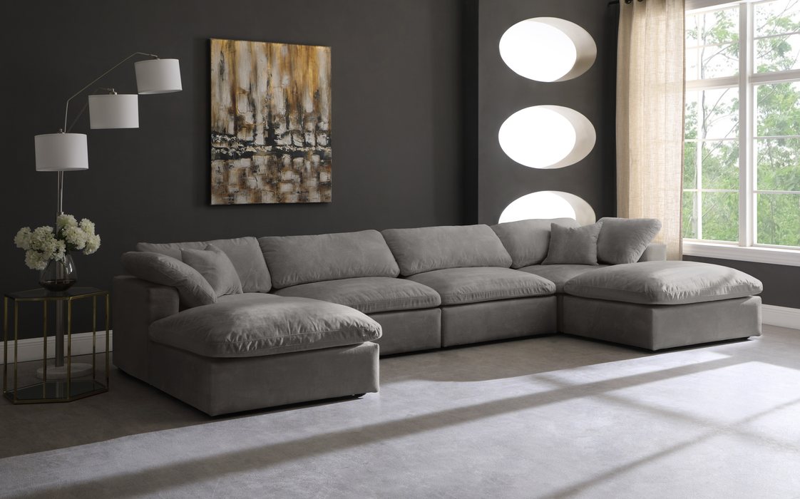 Meridian Furniture - Cozy 158" Grey Velvet Upholstered Overstuffed Fiber Filled Comfort 6pc. Sectional - 634Grey-Sec6B - GreatFurnitureDeal