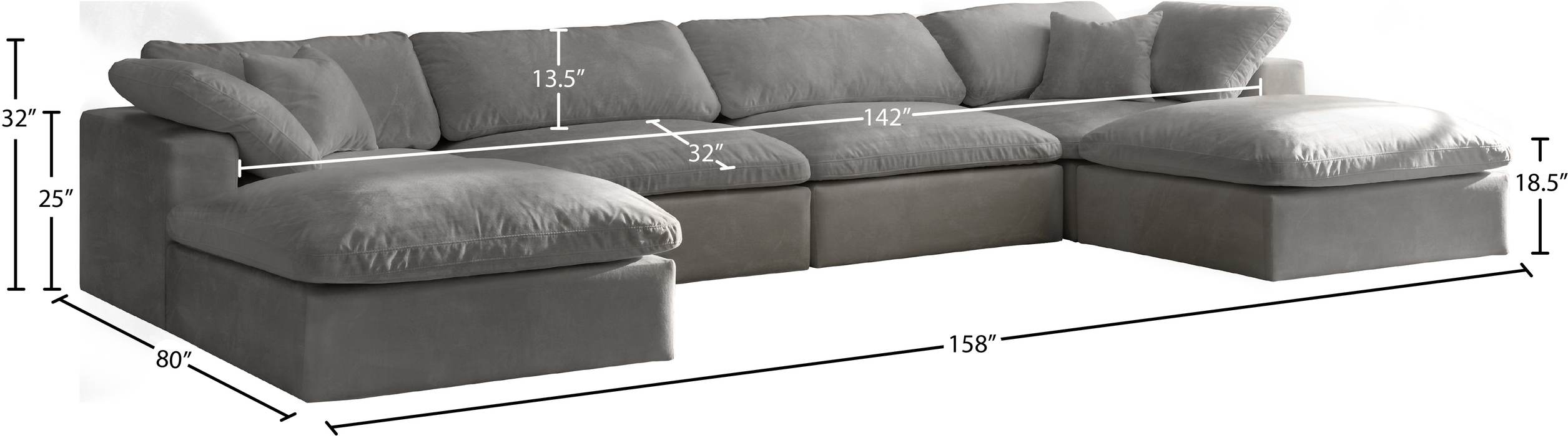 Meridian Furniture - Cozy 158" Grey Velvet Upholstered Overstuffed Fiber Filled Comfort 6pc. Sectional - 634Grey-Sec6B - GreatFurnitureDeal