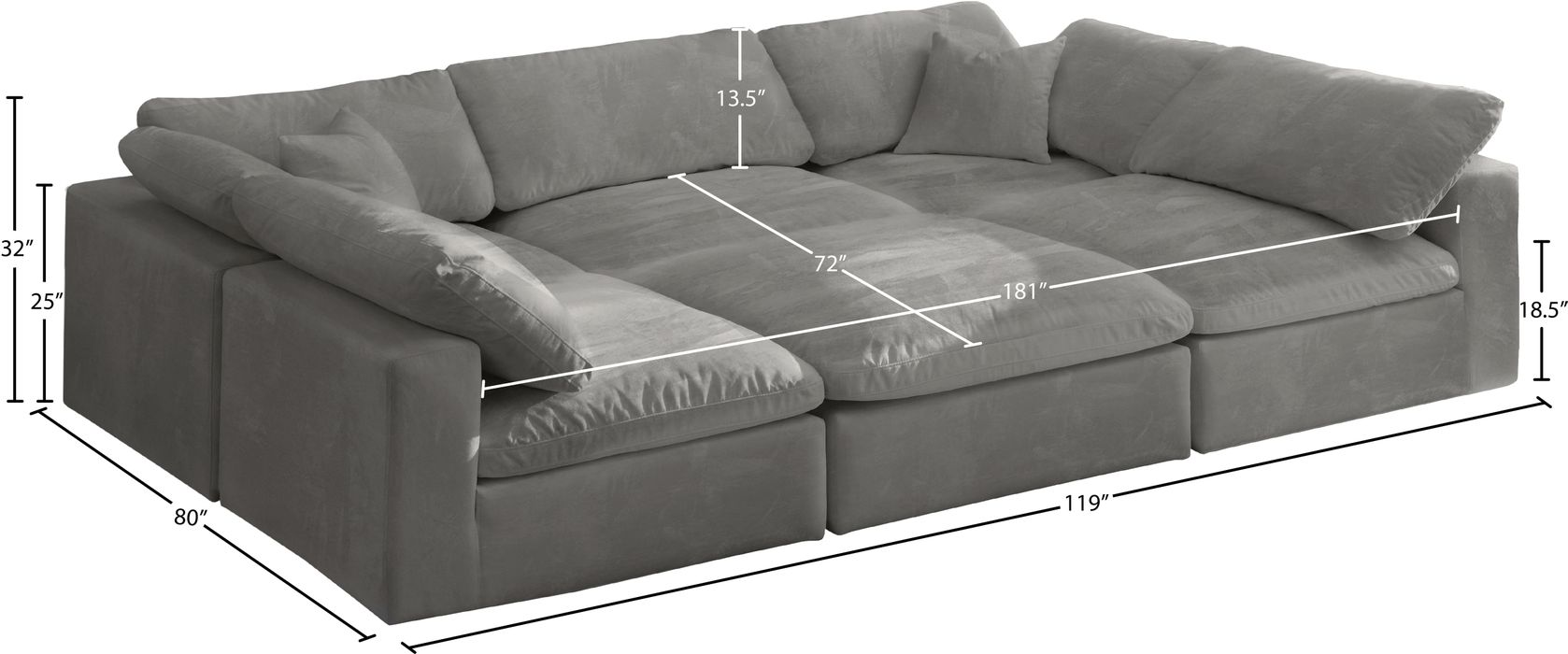 Meridian Furniture - Cozy 119" Grey Velvet Upholstered Overstuffed Fiber Filled Comfort 6pc. Sectional - 634Grey-Sec6C - GreatFurnitureDeal