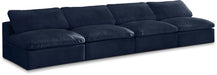 Meridian Furniture - Cozy 156" Navy Velvet Upholstered Overstuffed Fiber Filled Comfort 4pc. Armless Sofa - 634Navy-S156 - GreatFurnitureDeal
