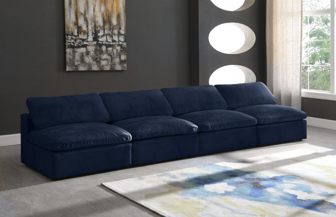 Meridian Furniture - Cozy 156" Navy Velvet Upholstered Overstuffed Fiber Filled Comfort 4pc. Armless Sofa - 634Navy-S156 - GreatFurnitureDeal