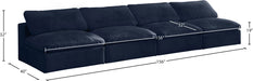 Meridian Furniture - Cozy 156" Navy Velvet Upholstered Overstuffed Fiber Filled Comfort 4pc. Armless Sofa - 634Navy-S156 - GreatFurnitureDeal