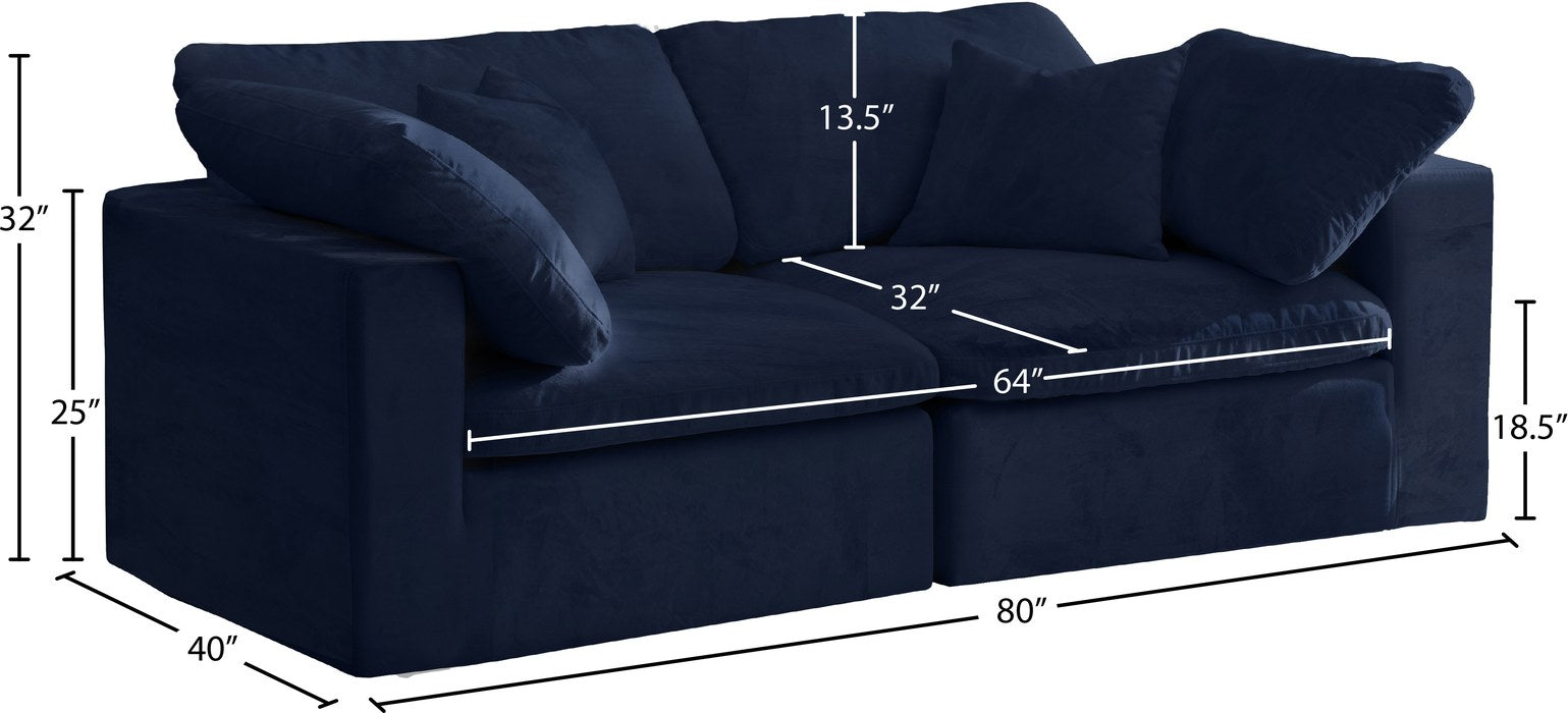 Meridian Furniture - Cozy 80" Navy Velvet Upholstered Overstuffed Fiber Filled Comfort 2pc. Sofa - 634Navy-S80 - GreatFurnitureDeal