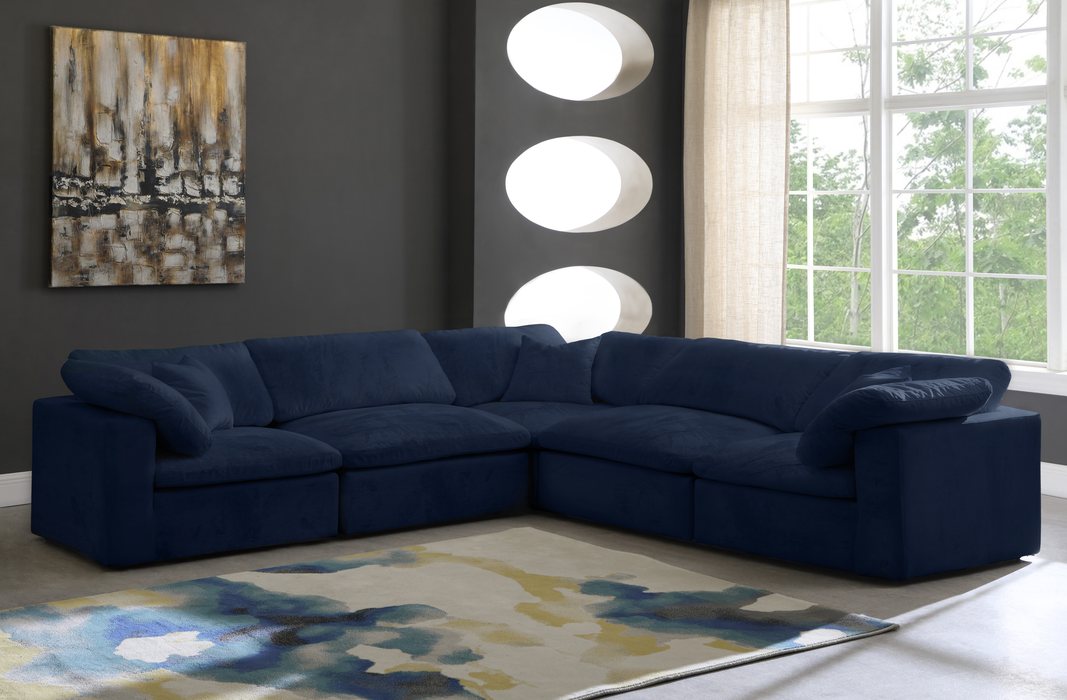 Meridian Furniture - Cozy 119" Navy Velvet Upholstered Overstuffed Fiber Filled Comfort 5pc. Sectional - 634Navy-Sec5C - GreatFurnitureDeal