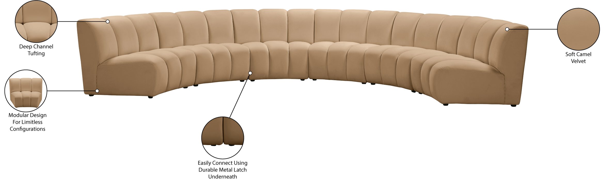 Meridian Furniture - Infinity 174" Camel Velvet Upholstered 6pc. Sectional - 638Camel-6PC - GreatFurnitureDeal
