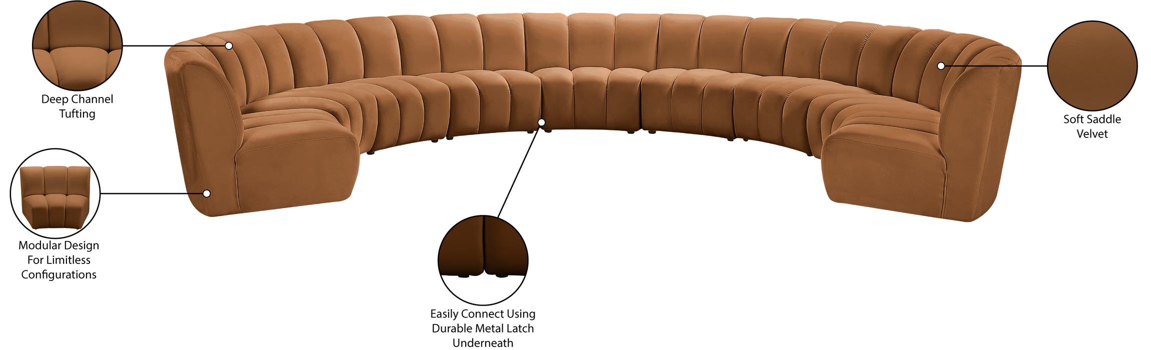 Meridian Furniture - Infinity 183" Saddle Velvet Upholstered 9pc. Sectional - 638Saddle-9PC - GreatFurnitureDeal