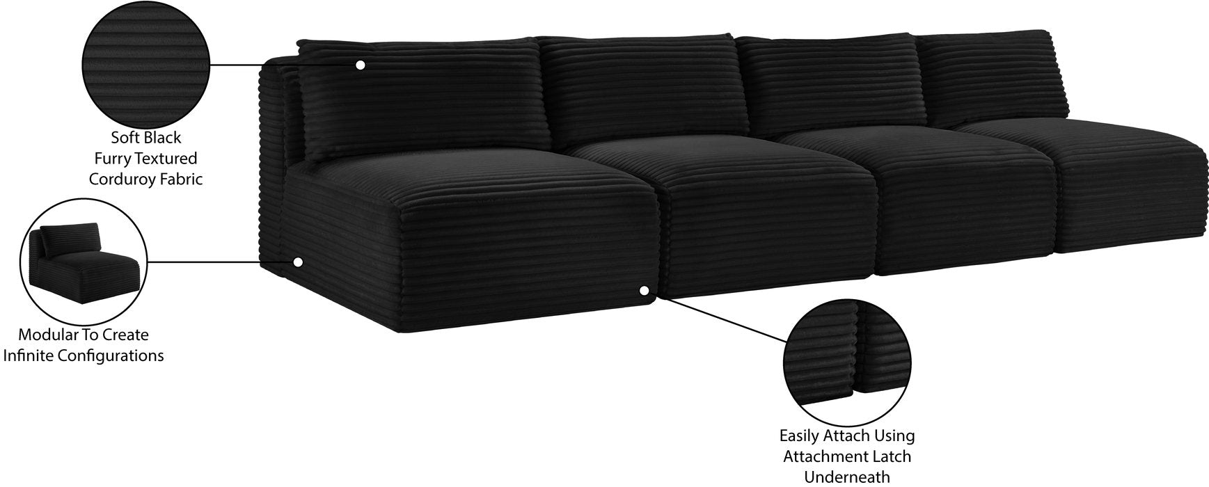 Meridian Furniture - Shaggy 124" Black Corduroy Performance Fabric Upholstered 4 pc. Armless Sofa - 641Black-S124 - GreatFurnitureDeal