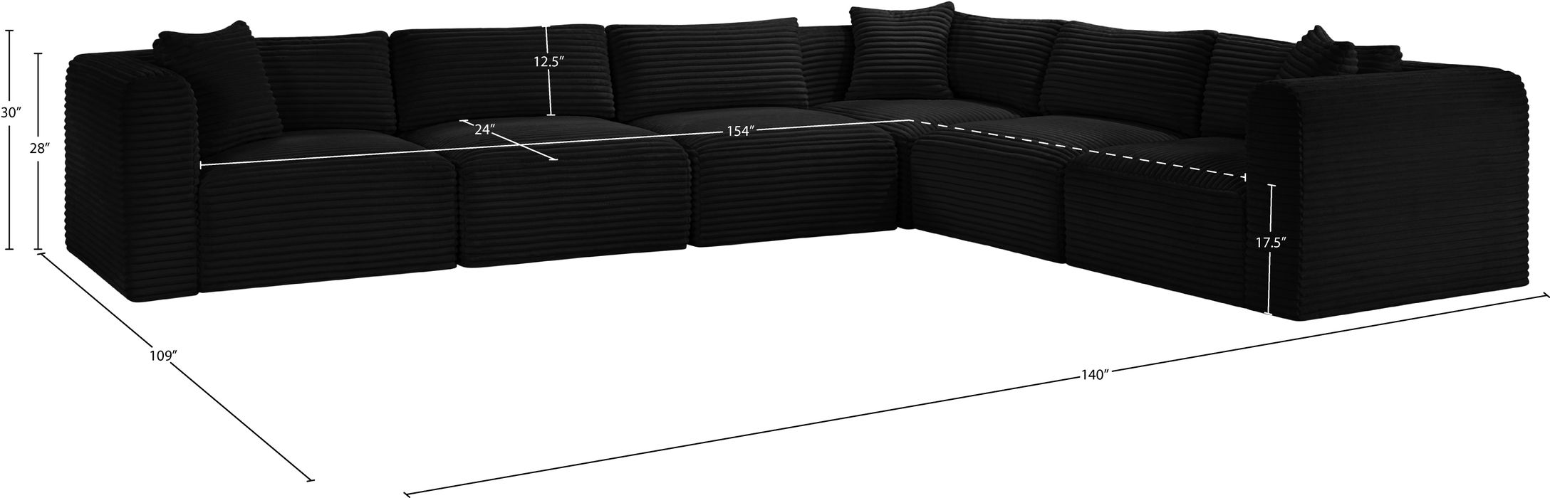 Meridian Furniture - Shaggy 140" Black Corduroy Performance Fabric Upholstered 6 pc. Sectional - 641Black-Sec6A - GreatFurnitureDeal