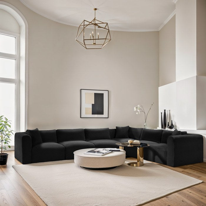 Meridian Furniture - Shaggy 140" Black Corduroy Performance Fabric Upholstered 6 pc. Sectional - 641Black-Sec6A - GreatFurnitureDeal