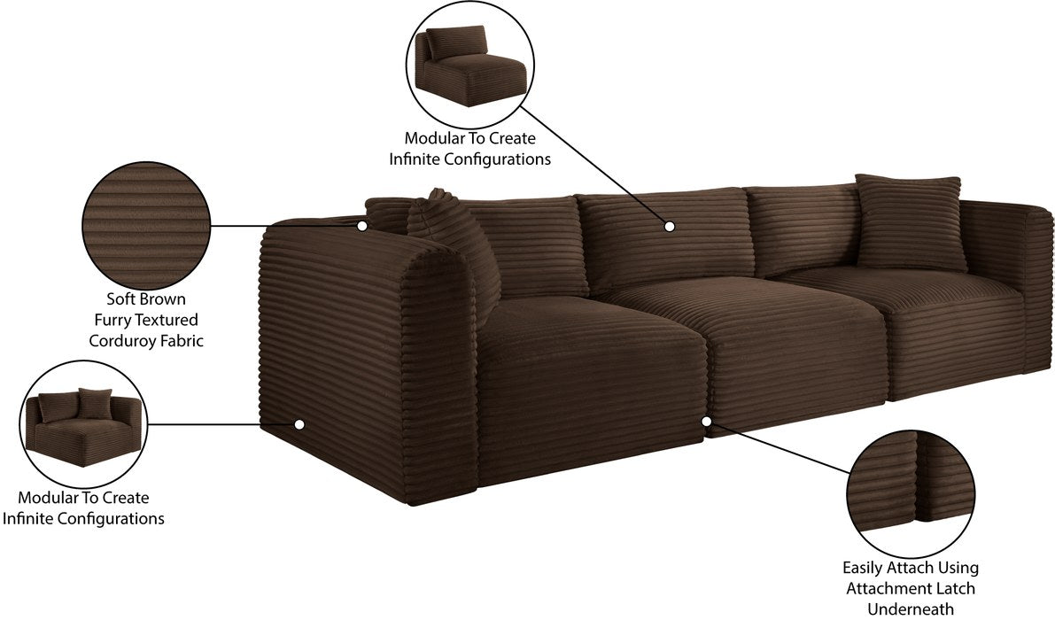 Meridian Furniture - Shaggy 109" Brown Corduroy Performance Fabric Upholstered 3 pc. Sofa - 641Brown-S109 - GreatFurnitureDeal