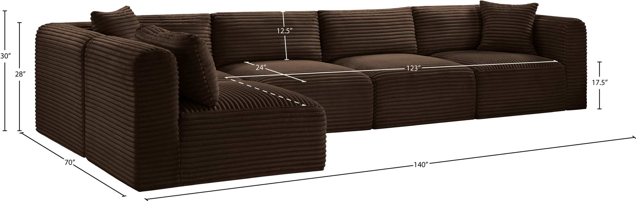Meridian Furniture - Shaggy 140" Brown Corduroy Performance Fabric Upholstered 5 pc. Sectional - 641Brown-Sec5B - GreatFurnitureDeal