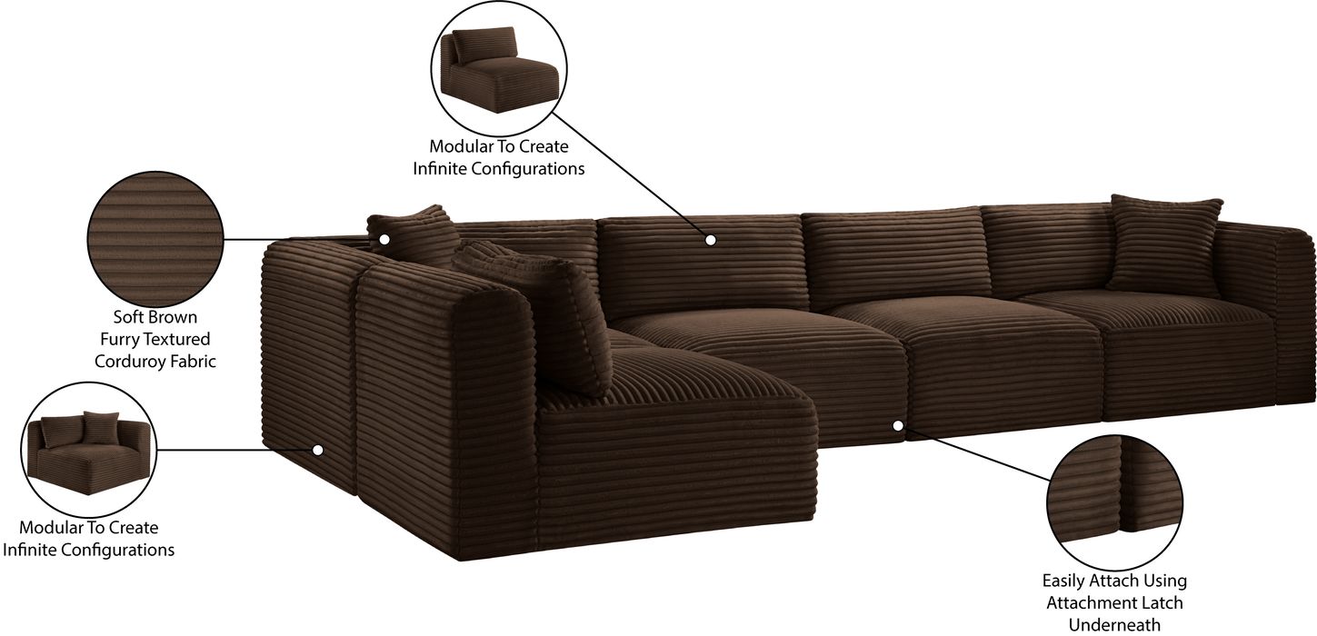 Meridian Furniture - Shaggy 140" Brown Corduroy Performance Fabric Upholstered 5 pc. Sectional - 641Brown-Sec5B - GreatFurnitureDeal