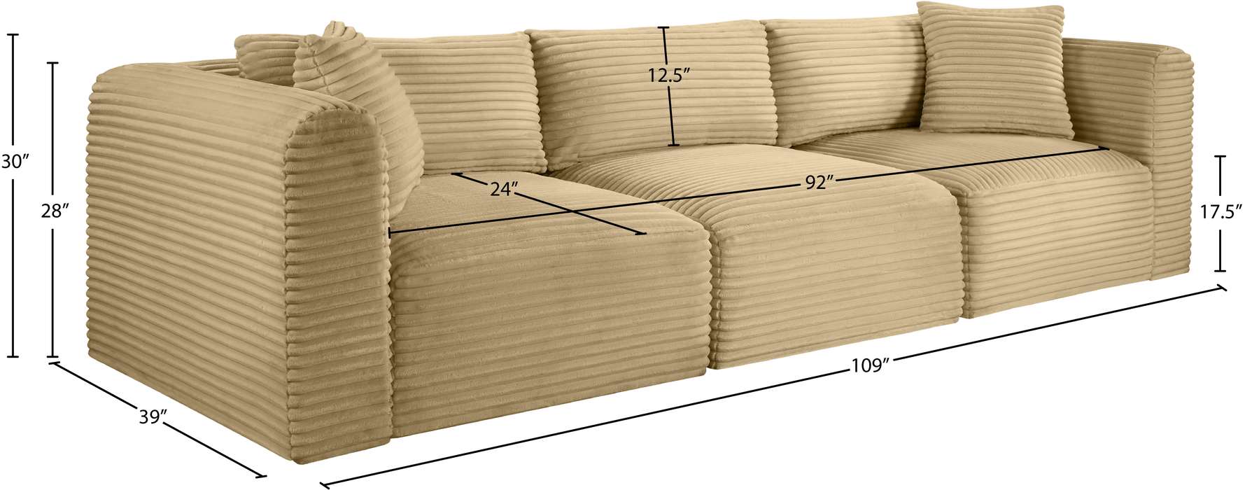 Meridian Furniture - Shaggy 109" Camel Corduroy Performance Fabric Upholstered 3 pc. Sofa - 641Camel-S109 - GreatFurnitureDeal