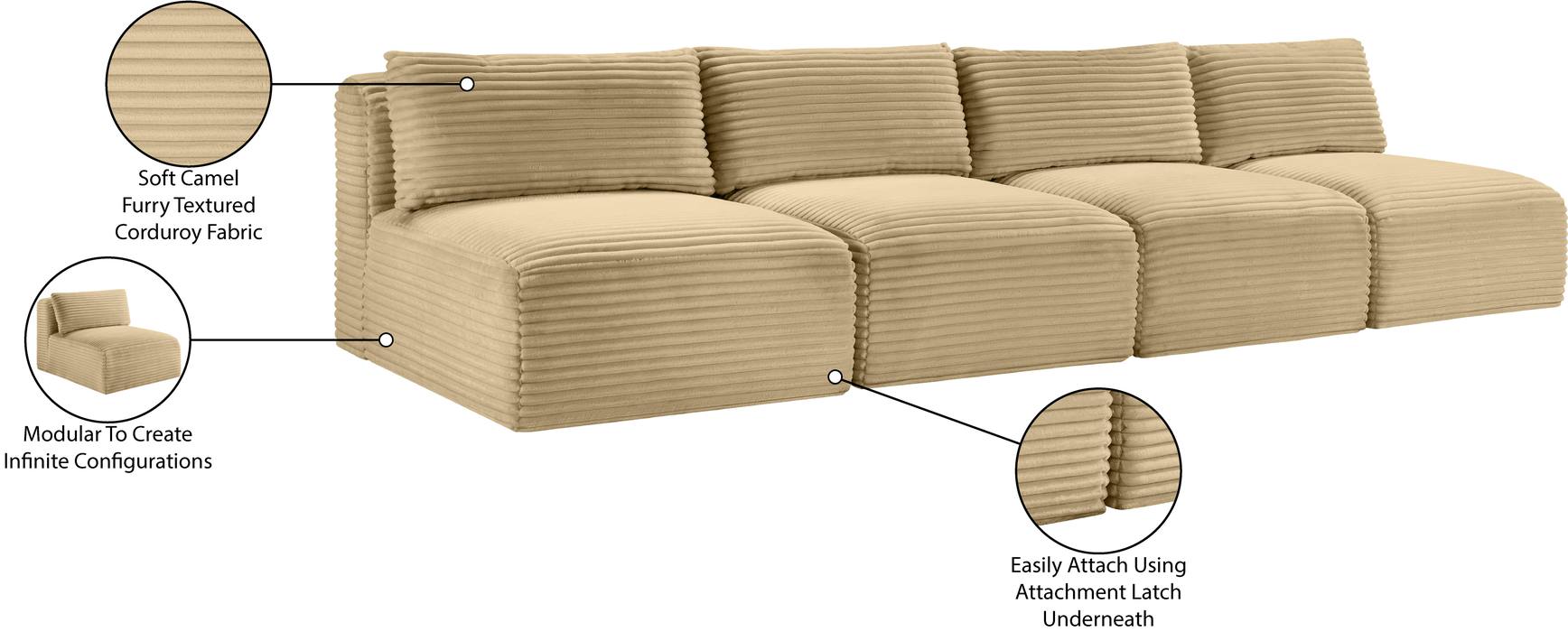 Meridian Furniture - Shaggy 124" Camel Corduroy Performance Fabric Upholstered 4 pc. Armless Sofa - 641Camel-S124 - GreatFurnitureDeal