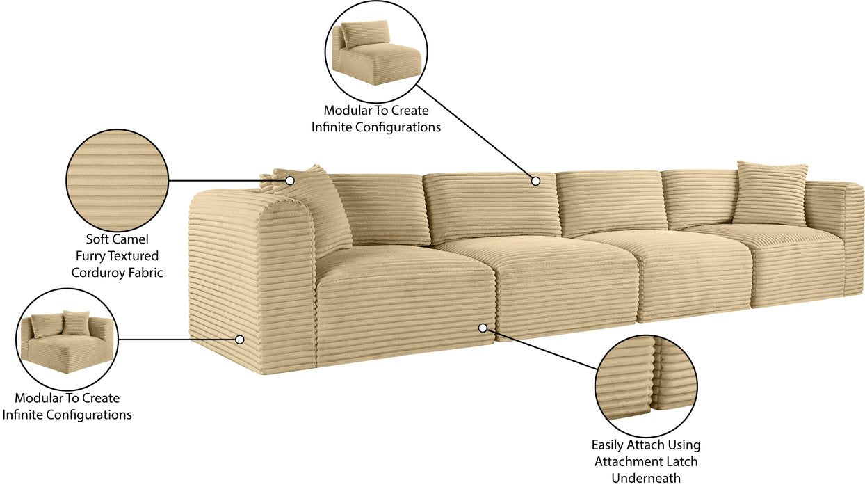 Meridian Furniture - Shaggy 140" Camel Corduroy Performance Fabric Upholstered 4 pc. Sofa - 641Camel-S140 - GreatFurnitureDeal