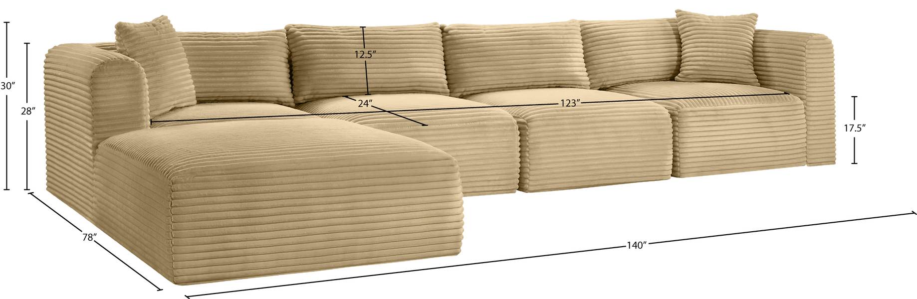 Meridian Furniture - Shaggy 140" Camel Corduroy Performance Fabric Upholstered 5 pc. Sectional - 641Camel-Sec5A - GreatFurnitureDeal