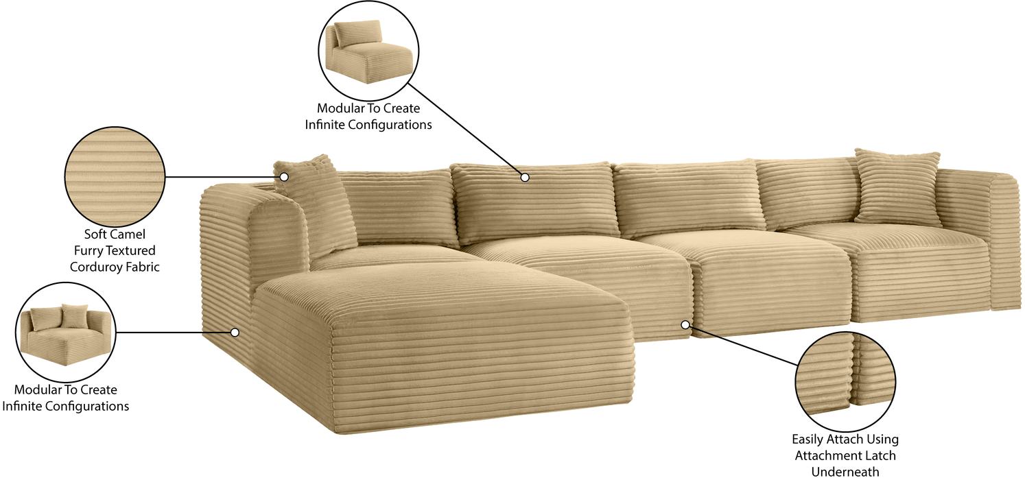 Meridian Furniture - Shaggy 140" Camel Corduroy Performance Fabric Upholstered 5 pc. Sectional - 641Camel-Sec5A - GreatFurnitureDeal