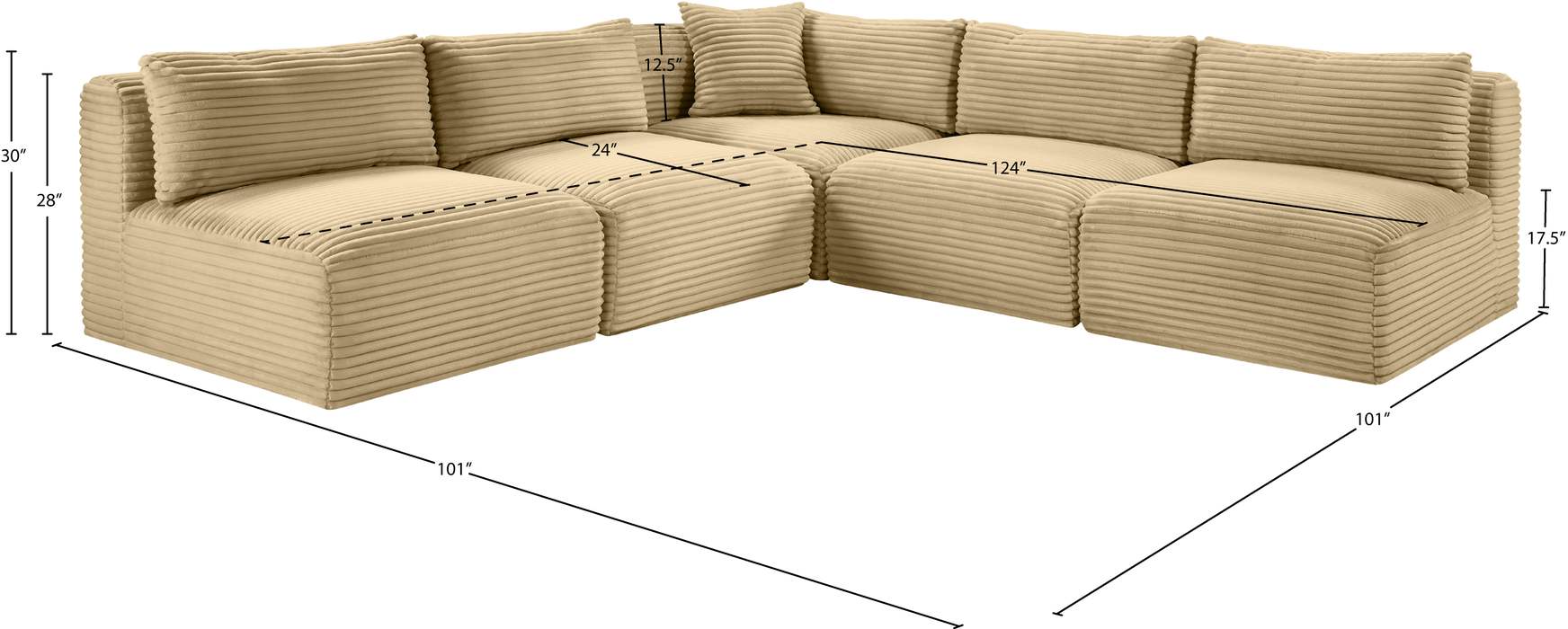 Meridian Furniture - Shaggy 101" Camel Corduroy Performance Fabric Upholstered 5 pc. Sectional - 641Camel-Sec5D - GreatFurnitureDeal