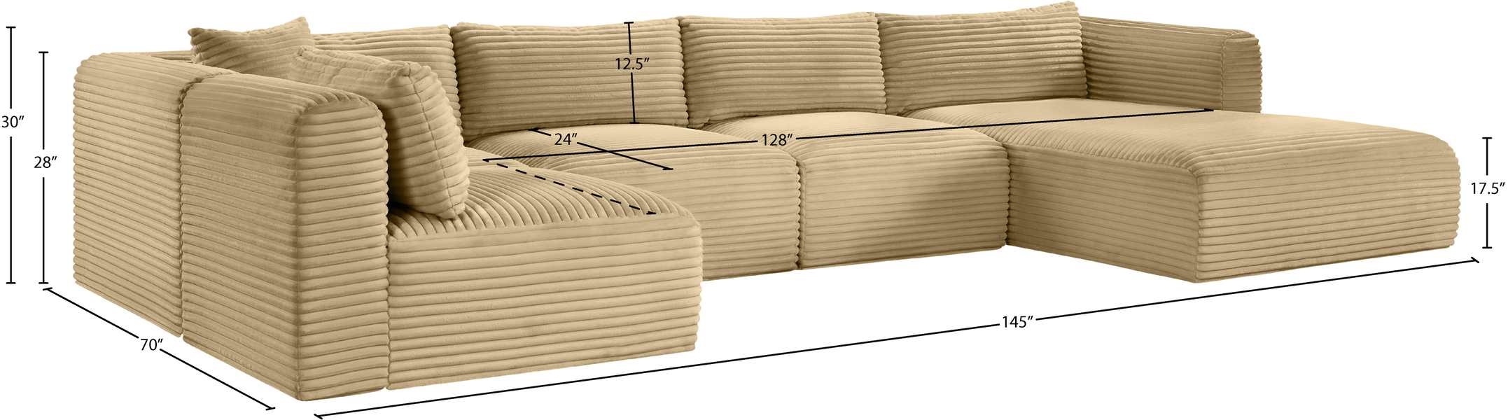 Meridian Furniture - Shaggy 145" Camel Corduroy Performance Fabric Upholstered 5 pc. Sectional - 641Camel-Sec5F - GreatFurnitureDeal