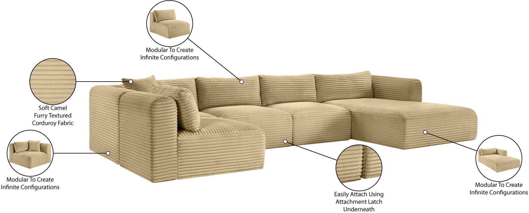 Meridian Furniture - Shaggy 145" Camel Corduroy Performance Fabric Upholstered 5 pc. Sectional - 641Camel-Sec5F - GreatFurnitureDeal