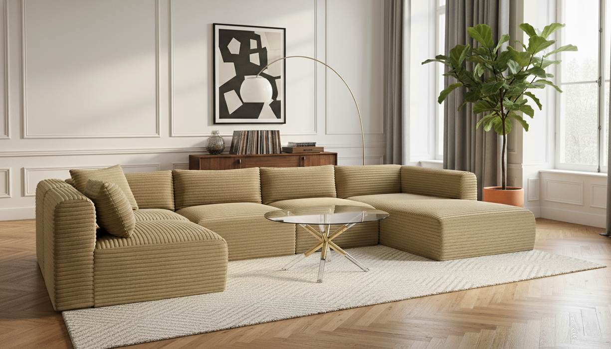Meridian Furniture - Shaggy 145" Camel Corduroy Performance Fabric Upholstered 5 pc. Sectional - 641Camel-Sec5F - GreatFurnitureDeal