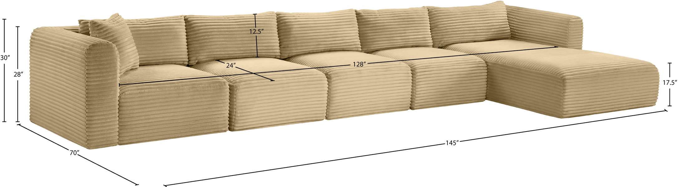 Meridian Furniture - Shaggy 176" Camel Corduroy Performance Fabric Upholstered 5 pc. Sectional - 641Camel-Sec5G - GreatFurnitureDeal