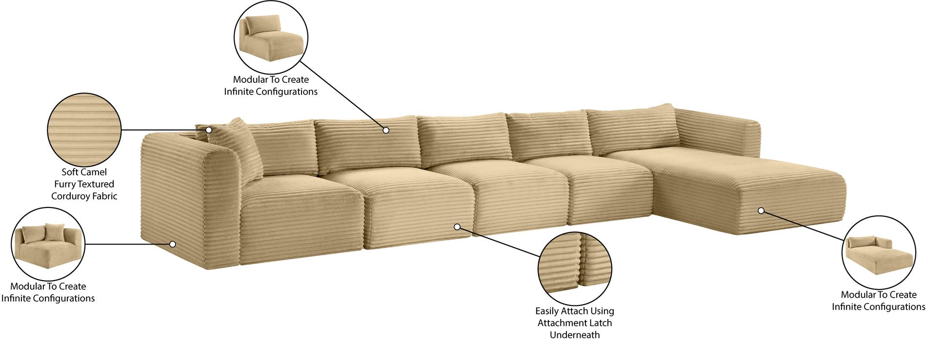 Meridian Furniture - Shaggy 176" Camel Corduroy Performance Fabric Upholstered 5 pc. Sectional - 641Camel-Sec5G - GreatFurnitureDeal