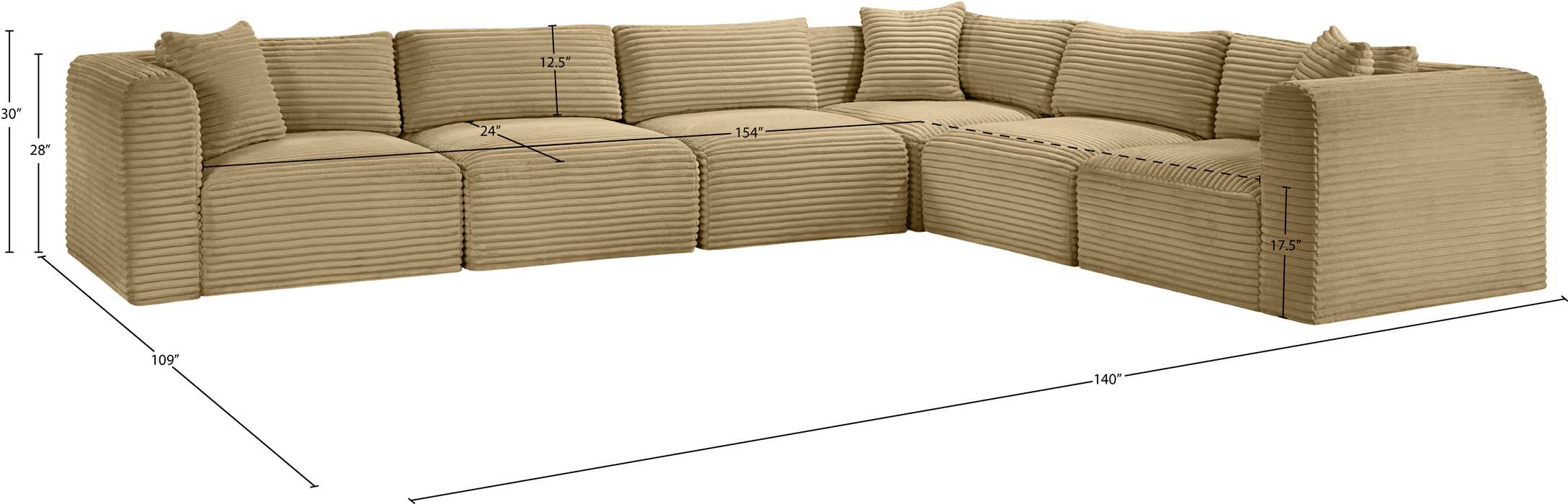 Meridian Furniture - Shaggy 140" Camel Corduroy Performance Fabric Upholstered 6 pc. Sectional - 641Camel-Sec6A - GreatFurnitureDeal