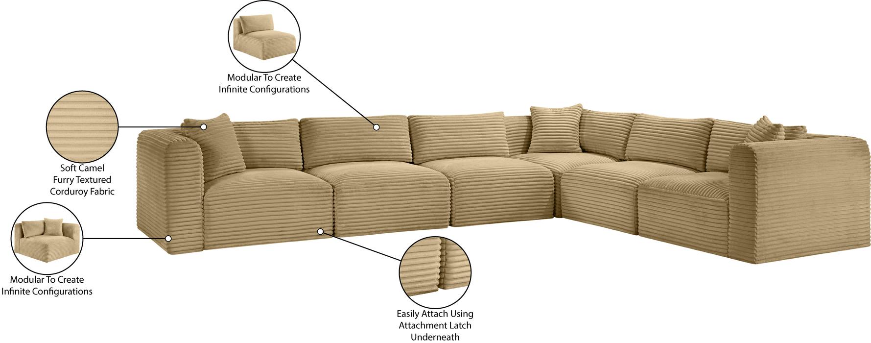 Meridian Furniture - Shaggy 140" Camel Corduroy Performance Fabric Upholstered 6 pc. Sectional - 641Camel-Sec6A - GreatFurnitureDeal