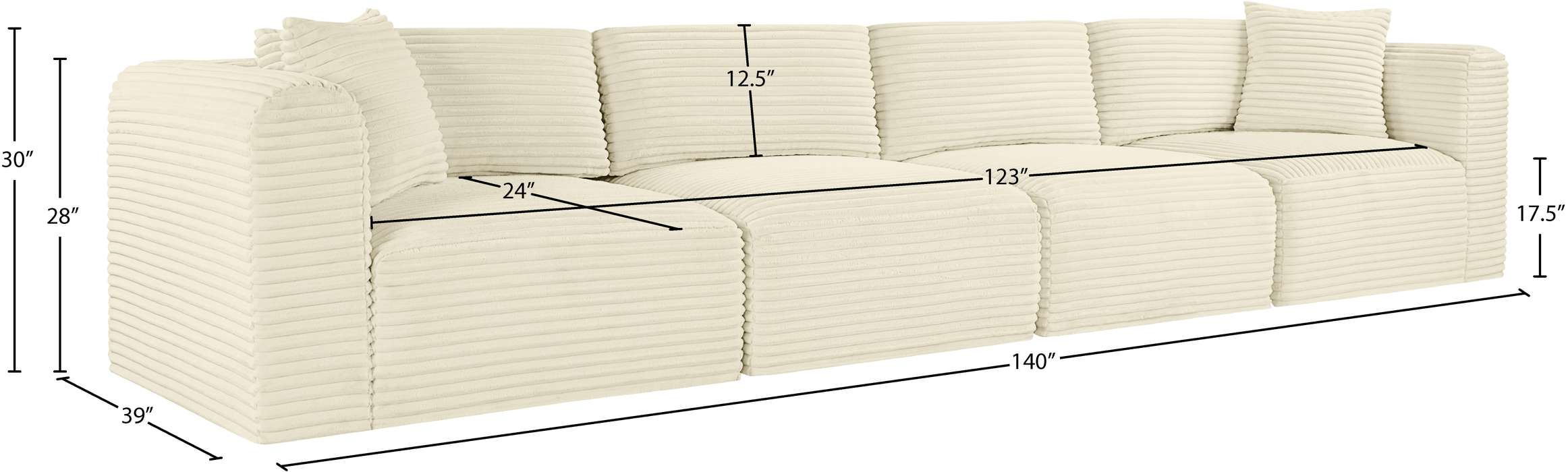 Meridian Furniture - Shaggy 140" Cream Corduroy Performance Fabric Upholstered 4 pc. Sofa - 641Cream-S140 - GreatFurnitureDeal