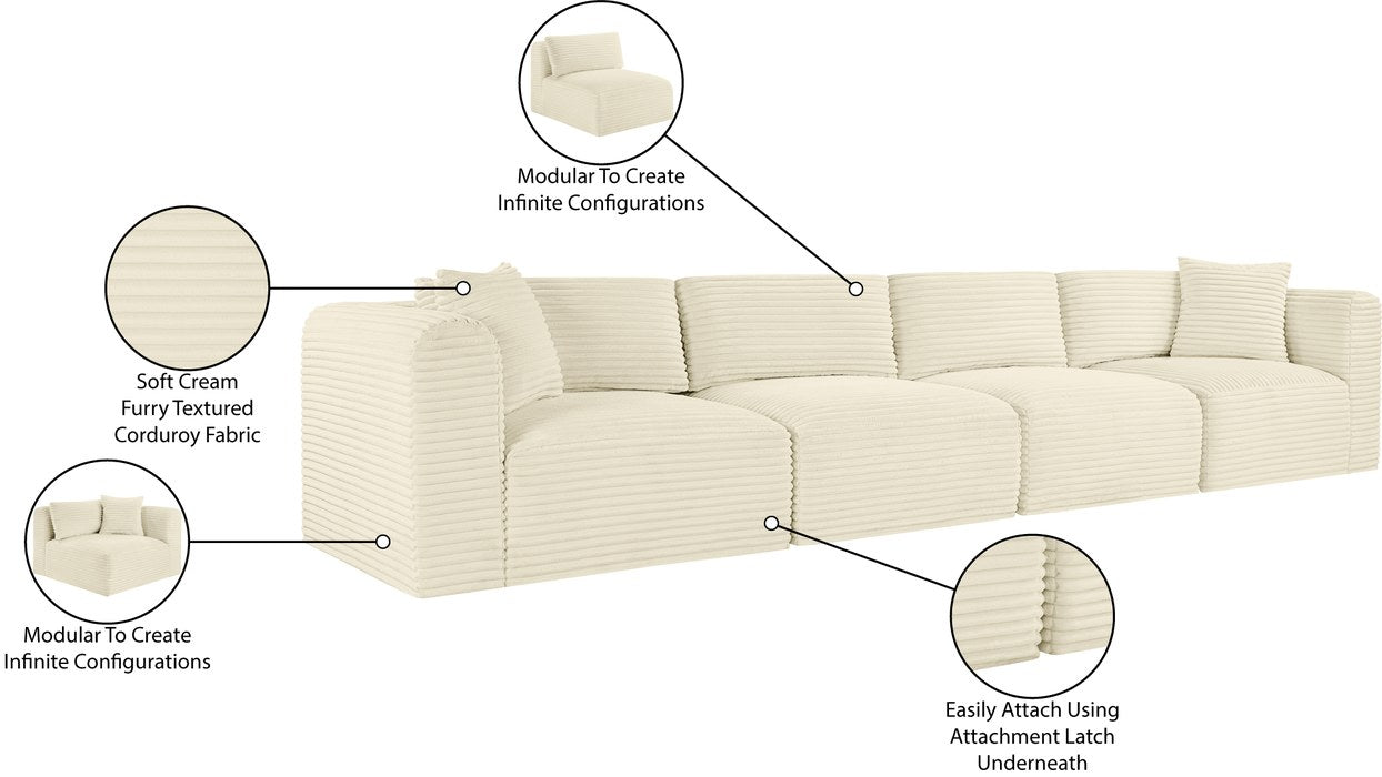 Meridian Furniture - Shaggy 140" Cream Corduroy Performance Fabric Upholstered 4 pc. Sofa - 641Cream-S140 - GreatFurnitureDeal
