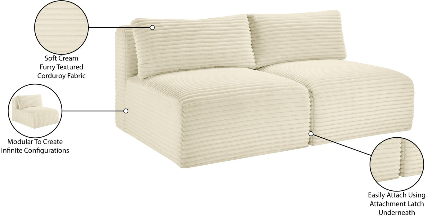 Meridian Furniture - Shaggy 62" Cream Corduroy Performance Fabric Upholstered 2 pc. Armless Loveseat - 641Cream-S62 - GreatFurnitureDeal