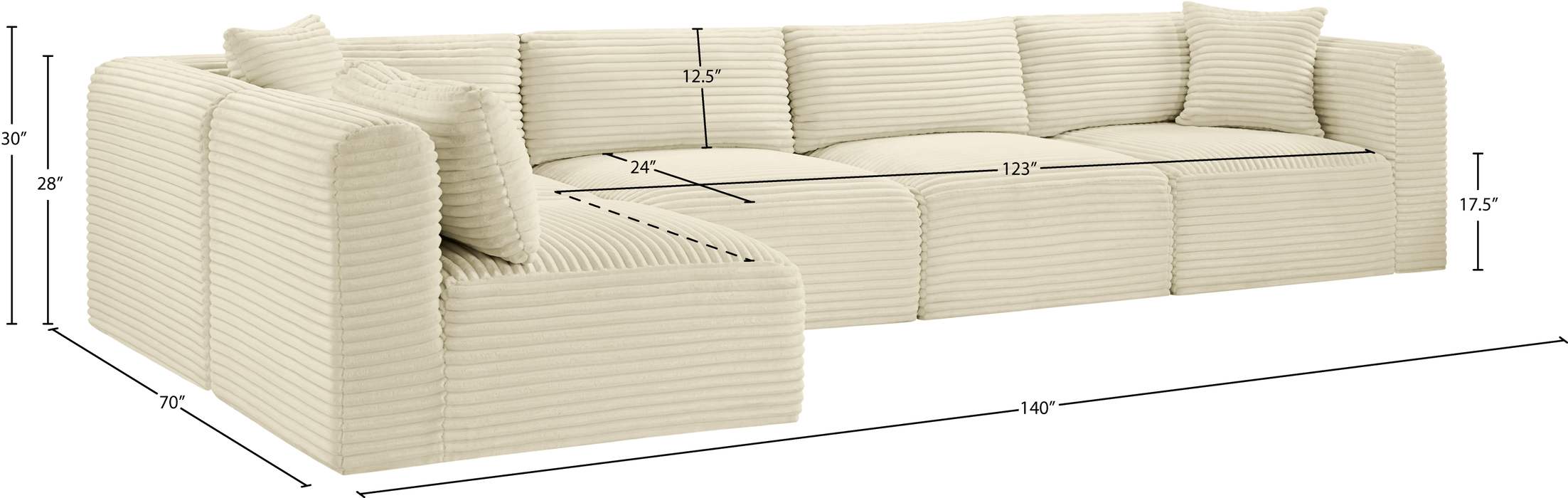 Meridian Furniture - Shaggy 140" Cream Corduroy Performance Fabric Upholstered 5 pc. Sectional - 641Cream-Sec5B - GreatFurnitureDeal