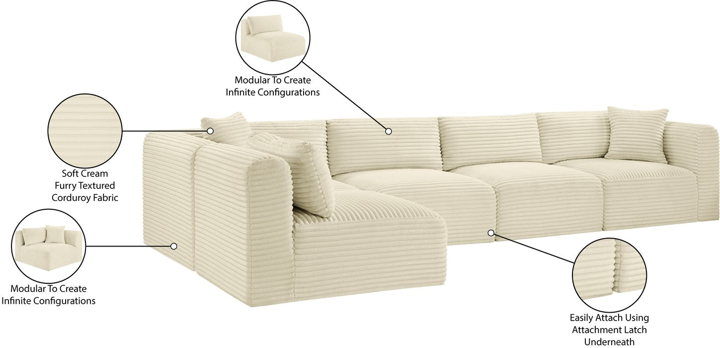 Meridian Furniture - Shaggy 140" Cream Corduroy Performance Fabric Upholstered 5 pc. Sectional - 641Cream-Sec5B - GreatFurnitureDeal