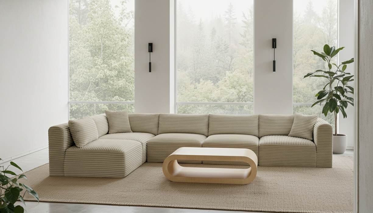 Meridian Furniture - Shaggy 140" Cream Corduroy Performance Fabric Upholstered 5 pc. Sectional - 641Cream-Sec5B - GreatFurnitureDeal