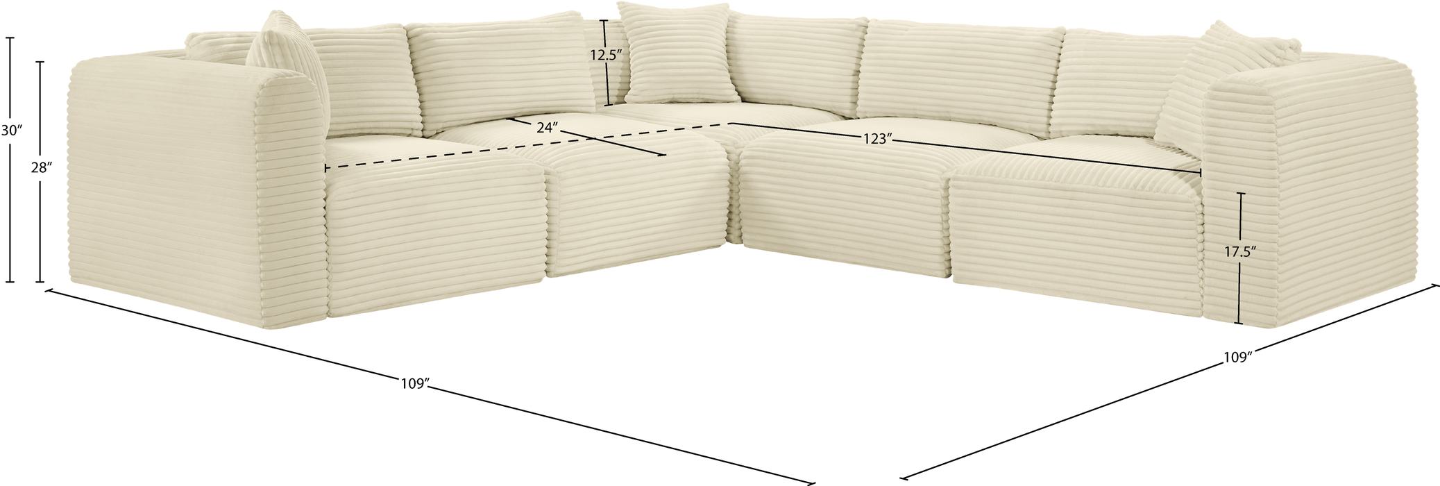 Meridian Furniture - Shaggy 109" Cream Corduroy Performance Fabric Upholstered 5 pc. Sectional - 641Cream-Sec5C - GreatFurnitureDeal