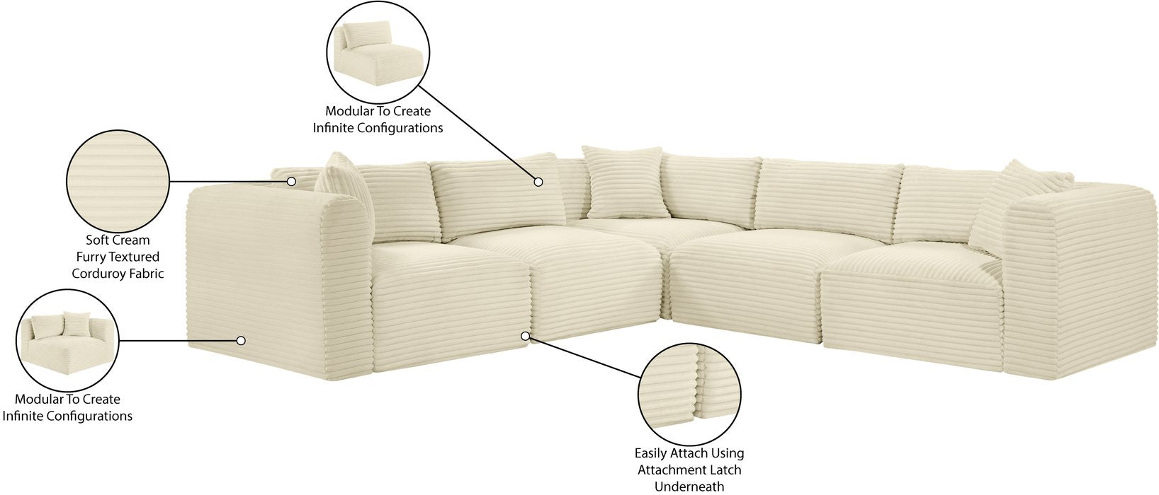 Meridian Furniture - Shaggy 109" Cream Corduroy Performance Fabric Upholstered 5 pc. Sectional - 641Cream-Sec5C - GreatFurnitureDeal