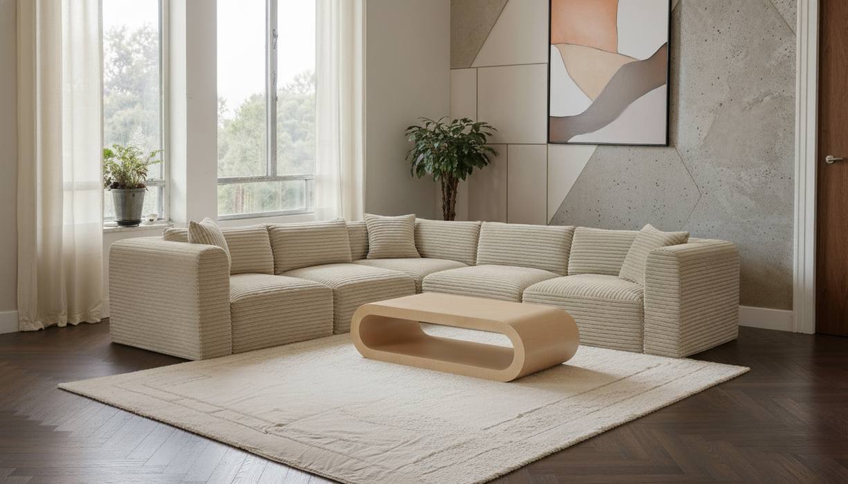 Meridian Furniture - Shaggy 109" Cream Corduroy Performance Fabric Upholstered 5 pc. Sectional - 641Cream-Sec5C - GreatFurnitureDeal