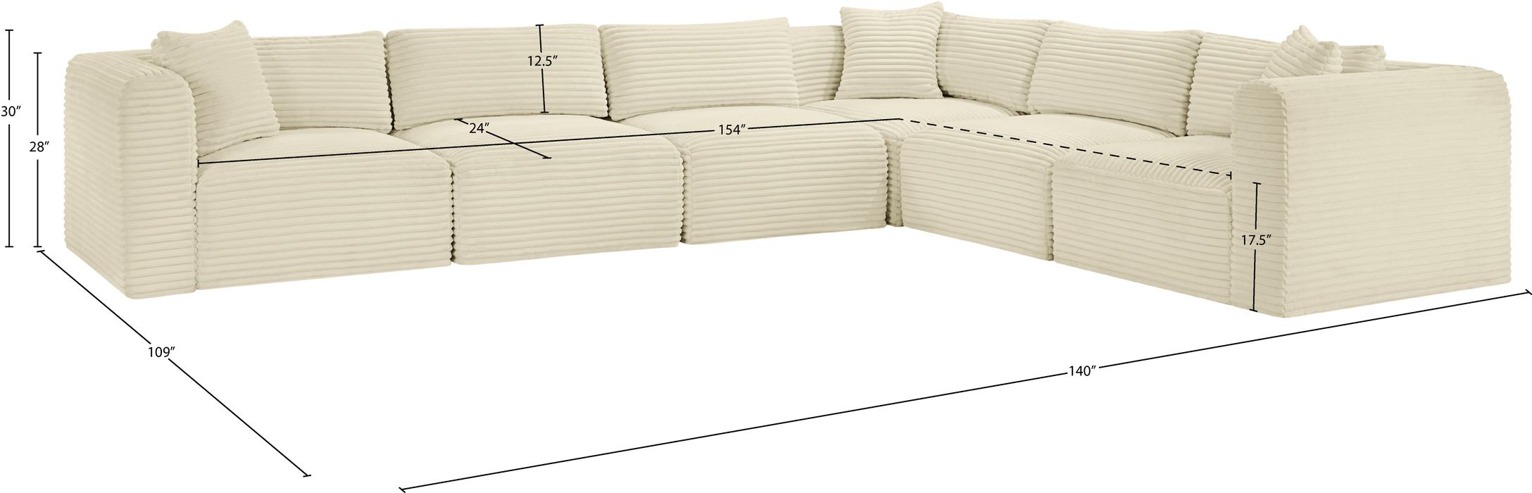Meridian Furniture - Shaggy 140" Cream Corduroy Performance Fabric Upholstered 6 pc. Sectional - 641Cream-Sec6A - GreatFurnitureDeal