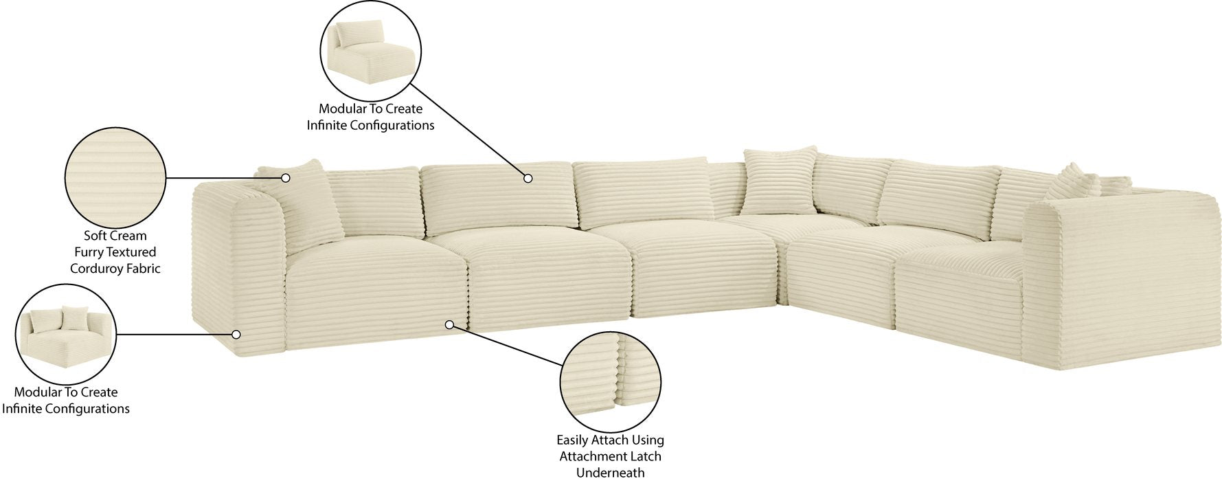 Meridian Furniture - Shaggy 140" Cream Corduroy Performance Fabric Upholstered 6 pc. Sectional - 641Cream-Sec6A - GreatFurnitureDeal