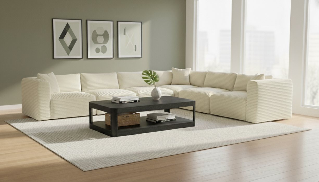 Meridian Furniture - Shaggy 140" Cream Corduroy Performance Fabric Upholstered 6 pc. Sectional - 641Cream-Sec6A - GreatFurnitureDeal