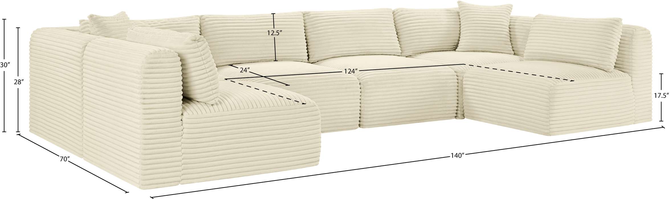 Meridian Furniture - Shaggy 140" Cream Corduroy Performance Fabric Upholstered 6 pc. Sectional - 641Cream-Sec6B - GreatFurnitureDeal