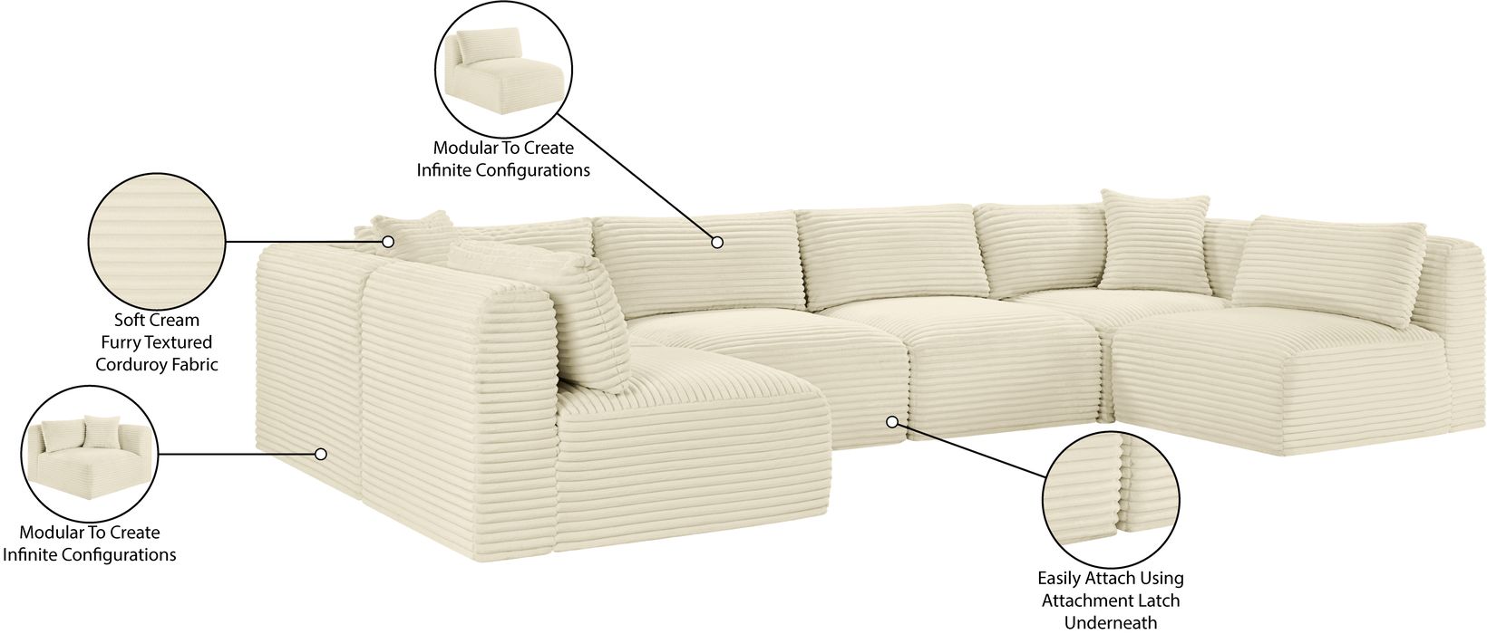 Meridian Furniture - Shaggy 140" Cream Corduroy Performance Fabric Upholstered 6 pc. Sectional - 641Cream-Sec6B - GreatFurnitureDeal