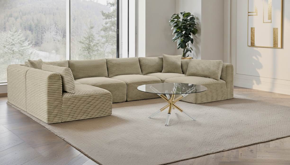 Meridian Furniture - Shaggy 140" Cream Corduroy Performance Fabric Upholstered 6 pc. Sectional - 641Cream-Sec6B - GreatFurnitureDeal