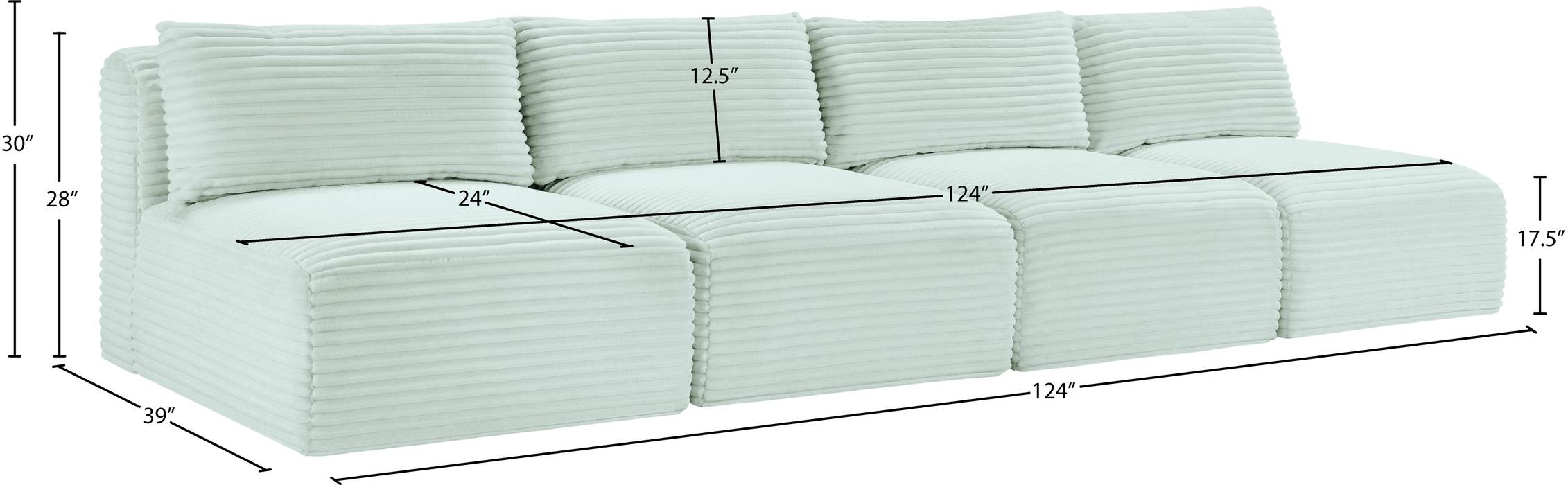 Meridian Furniture - Shaggy 124" Mint Corduroy Performance Fabric Upholstered 4 pc. Armless Sofa - 641Mint-S124 - GreatFurnitureDeal