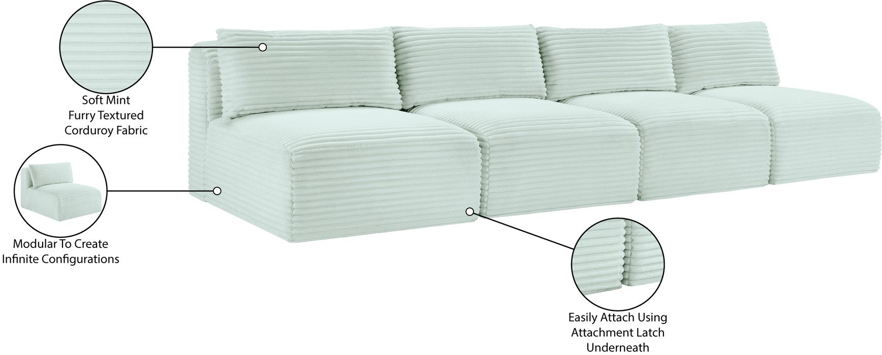 Meridian Furniture - Shaggy 124" Mint Corduroy Performance Fabric Upholstered 4 pc. Armless Sofa - 641Mint-S124 - GreatFurnitureDeal