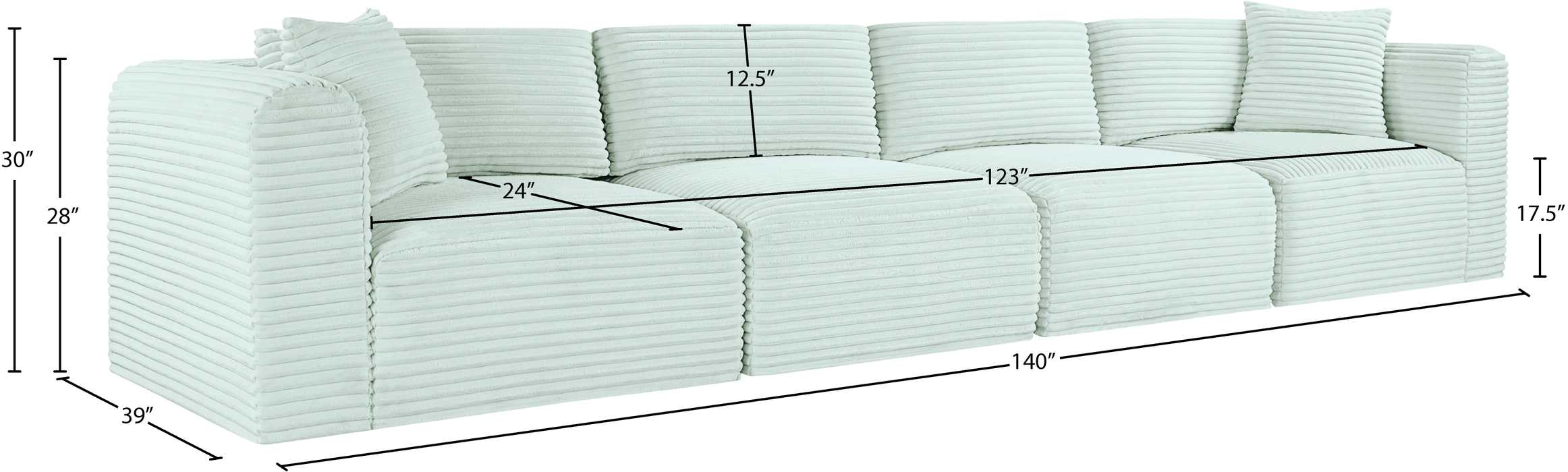 Meridian Furniture - Shaggy 140" Mint Corduroy Performance Fabric Upholstered 4 pc. Sofa - 641Mint-S140 - GreatFurnitureDeal