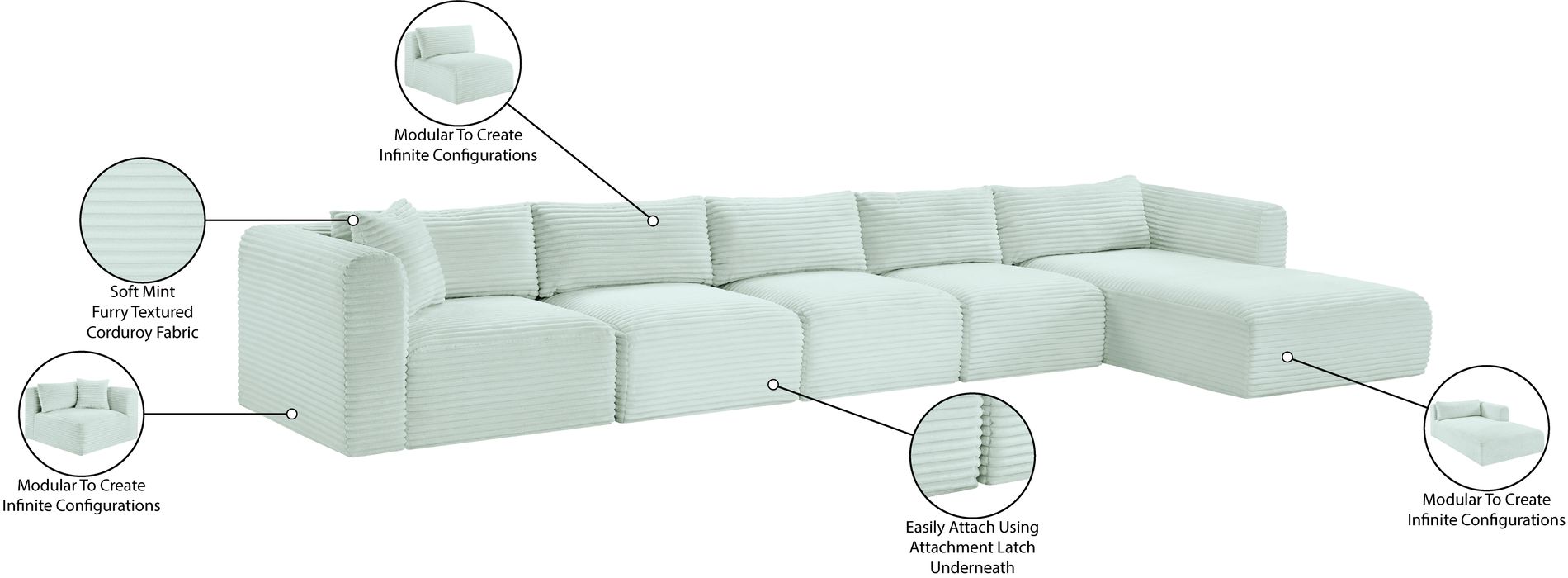 Meridian Furniture - Shaggy 176" Mint Corduroy Performance Fabric Upholstered 5 pc. Sectional - 641Mint-Sec5G - GreatFurnitureDeal