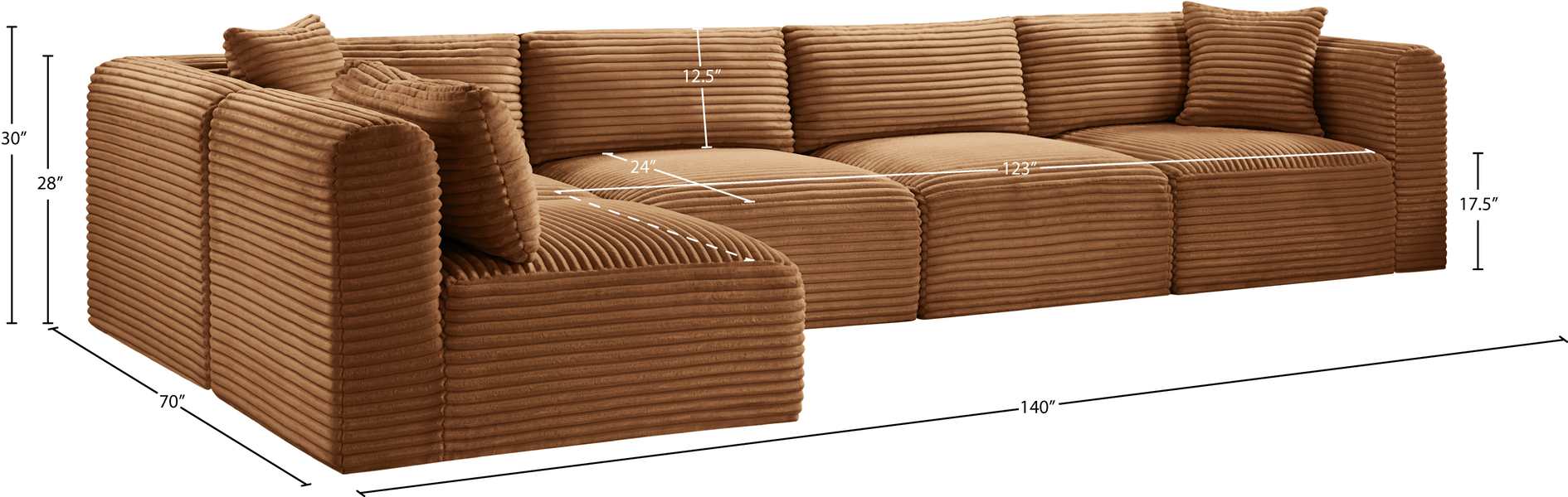 Meridian Furniture - Shaggy 140" Saddle Corduroy Performance Fabric Upholstered 5 pc. Sectional - 641Saddle-Sec5B - GreatFurnitureDeal
