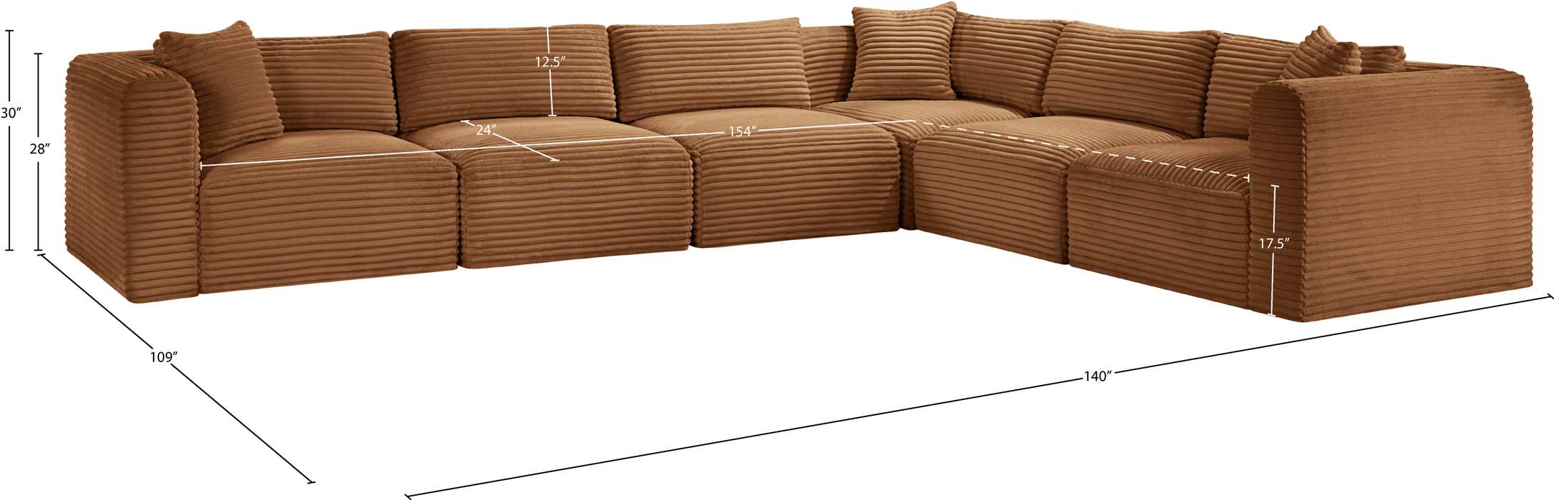 Meridian Furniture - Shaggy 140" Saddle Corduroy Performance Fabric Upholstered 6 pc. Sectional - 641Saddle-Sec6A - GreatFurnitureDeal